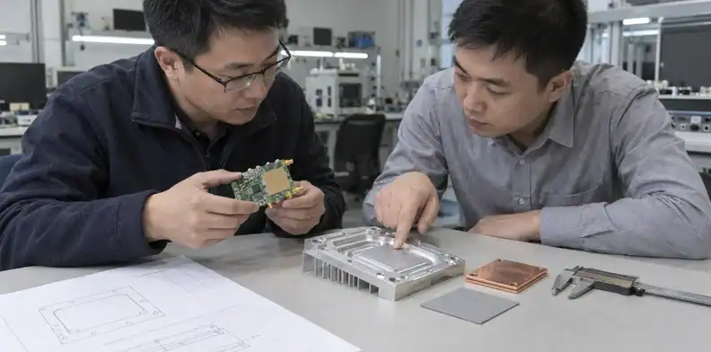 Two engineers review an RF board sample and its cooling hardware at a technical desk.