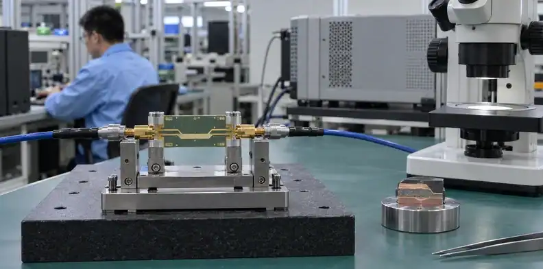 An RF coupon connected to coaxial cables sits beside a microscope inspection station.