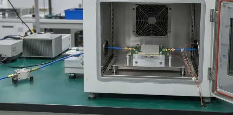 An RF prototype sits in an open test chamber with coaxial cables and temperature leads.