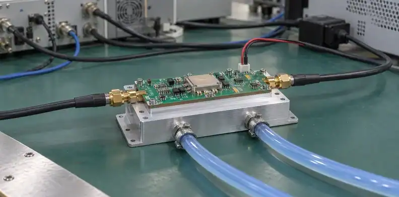 An RF amplifier test setup has coaxial leads, DC wiring and a cooled metal base.