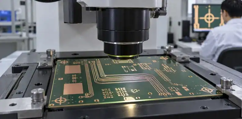 An optical inspection lens is positioned above fiducials and narrow copper features on a panel.