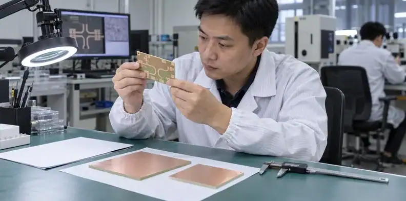 An engineer reviews an RF board sample and laminate construction at a fabrication planning desk.