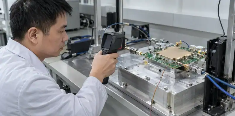 An engineer aims a thermal camera at an RF board with a local thermocouple attachment.