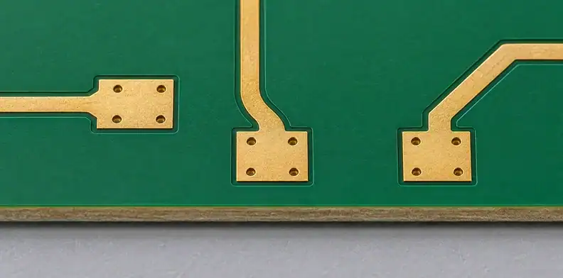 Exposed RF copper paths and solder-mask openings are visible on a finished board.