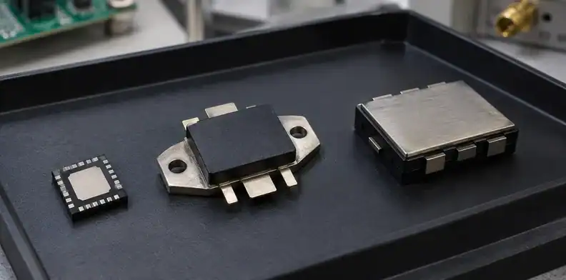 Three RF power package styles expose different metallic cooling contact surfaces.