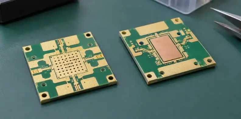 Two bare RF board samples show a thermal via array and a flush copper insert.