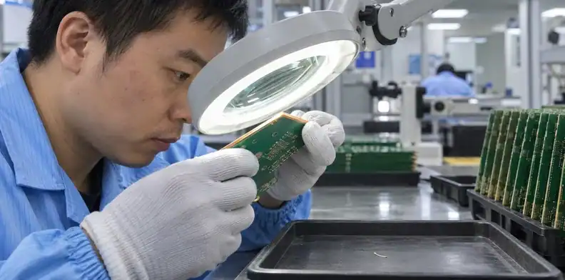 A technician inspects the routed edge of a masked multilayer board under magnification.