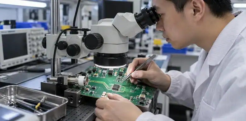 A precision analog input connector and nearby amplifier are visible beneath a microscope.
