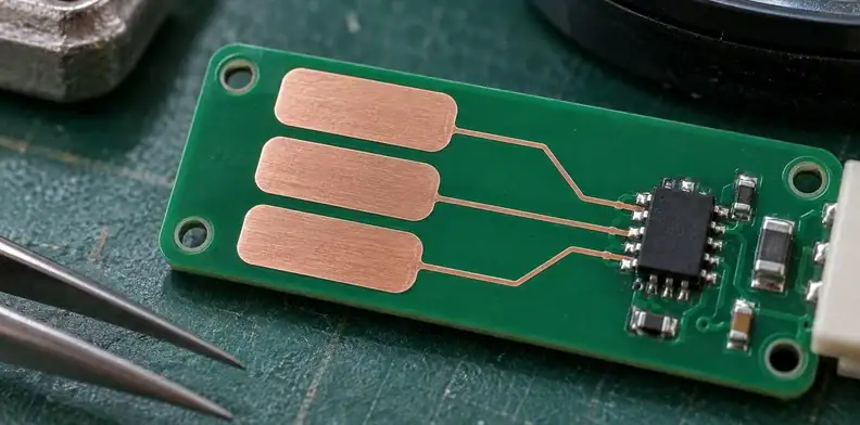 Three separated copper touch pads connect through short routes to a small controller.