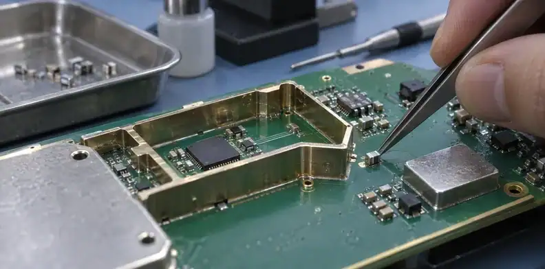 Copper routes and small components lie beside an open metal shield wall.