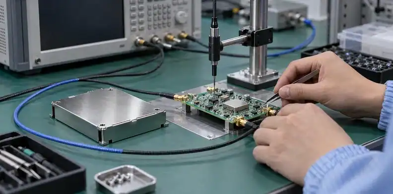 A coax-connected RF board and its removed metal lid rest on an instrument bench.