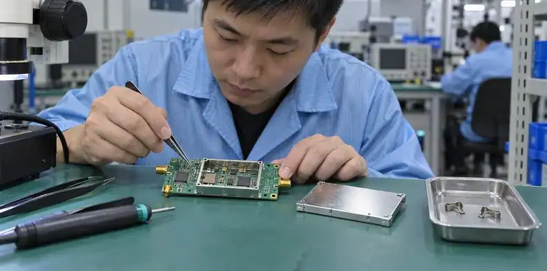 An open metal shield frame and its separate lid sit beside a populated RF board.