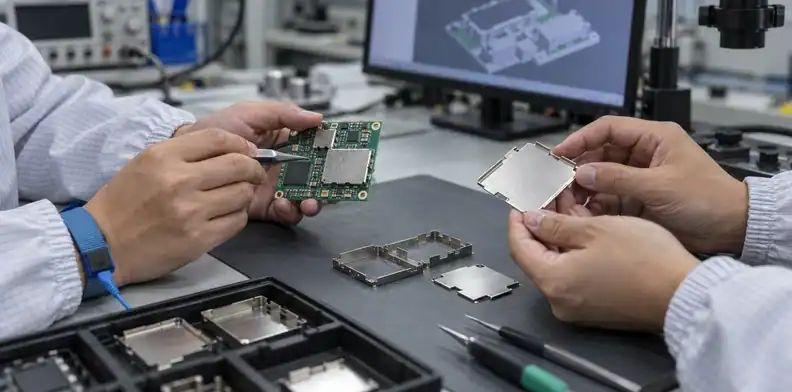 Two adult engineers examine an RF board, shield frame and lid at an engineering desk.