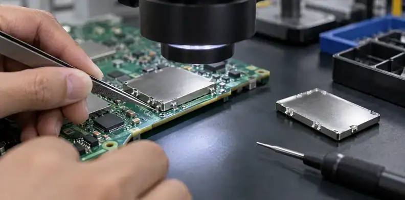 A technician examines the attachment edge of a metal shield under an inspection lens.