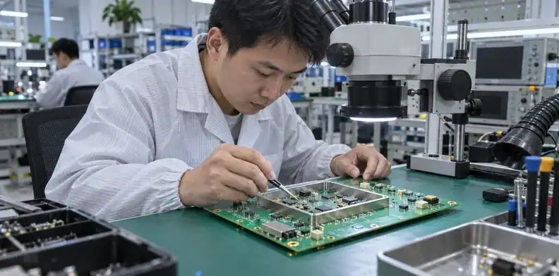An open shield frame surrounds small components on a populated RF circuit board.