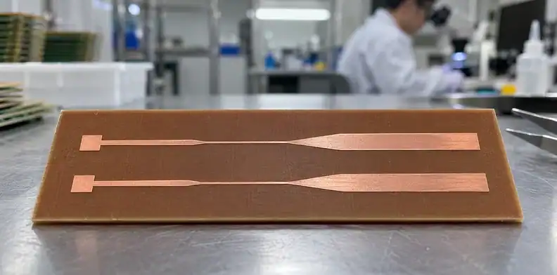 Two continuous copper tracks narrow briefly before widening into larger routes.