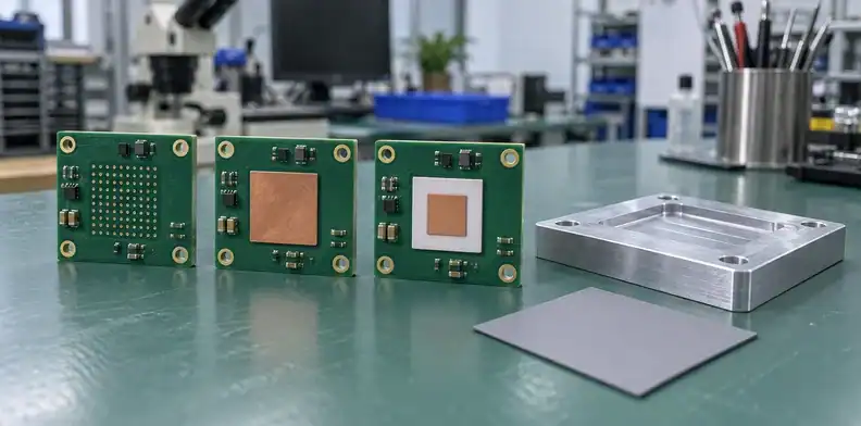 Three unpowered PCB coupons compare via, copper-insert and ceramic heat paths beside a cold plate.