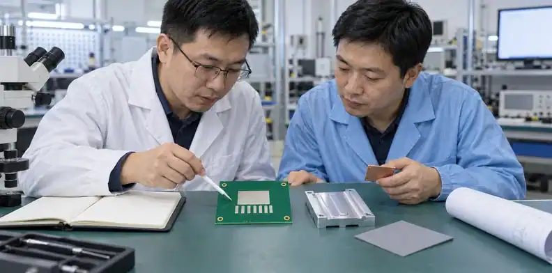 Engineers review a power-device footprint, insert sample and cold plate when preparing the quotation scope.