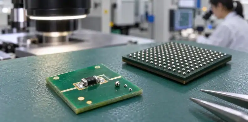 Loose particles near a passive component differ from the ordered BGA sphere array.