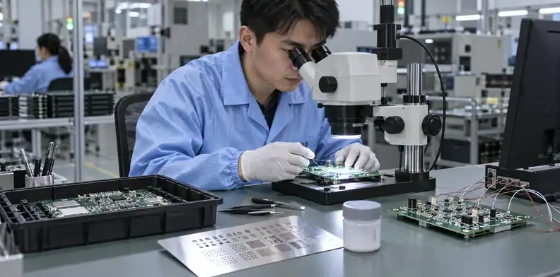 A process engineer reviews the board, stencil, paste and profiling evidence.
