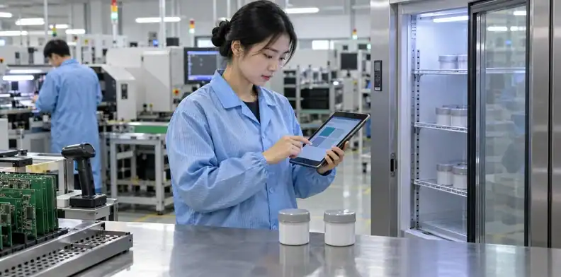 Closed paste containers are reviewed at a material preparation station.