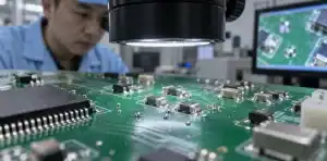 Magnification reveals stray solder balls beside assembled components.