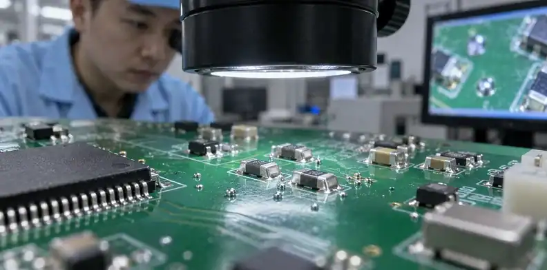 Magnification reveals stray solder balls beside assembled components.