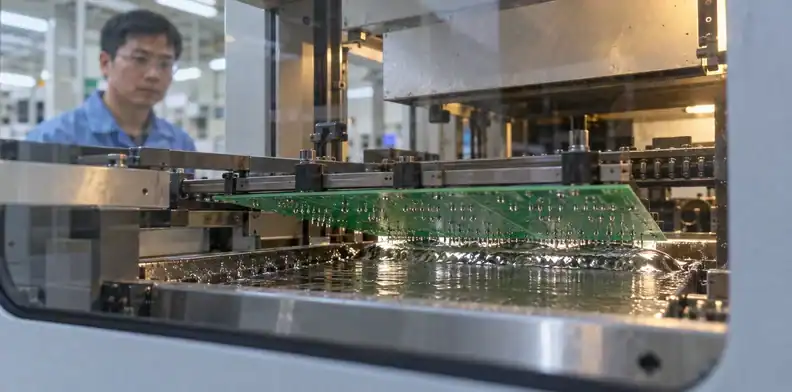A supported board leaves a wave-solder operation for process-specific inspection.