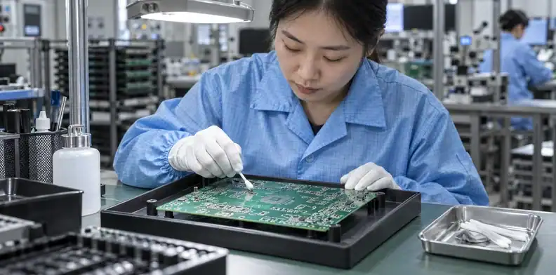A technician removes paste from a rejected unpopulated board under controlled handling.