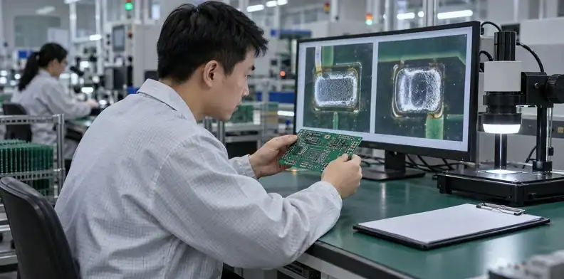 A quality engineer reviews deposit images beside the inspected board.