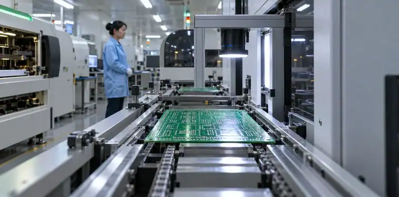 A printed board travels to inspection before the placement station.