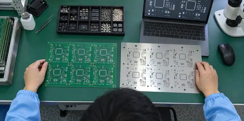 A panel, stencil and component samples form a printing review package.
