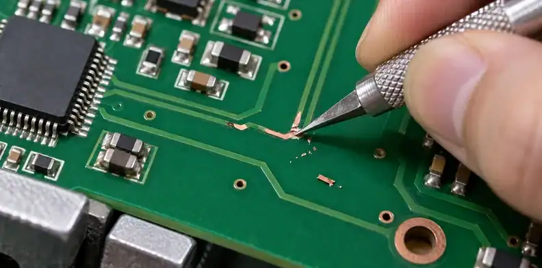 A supported board receives controlled preparation at a sound copper endpoint.