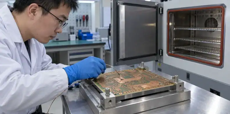 An engineer positions a thermocouple on a bare board held in a thermal-test fixture.