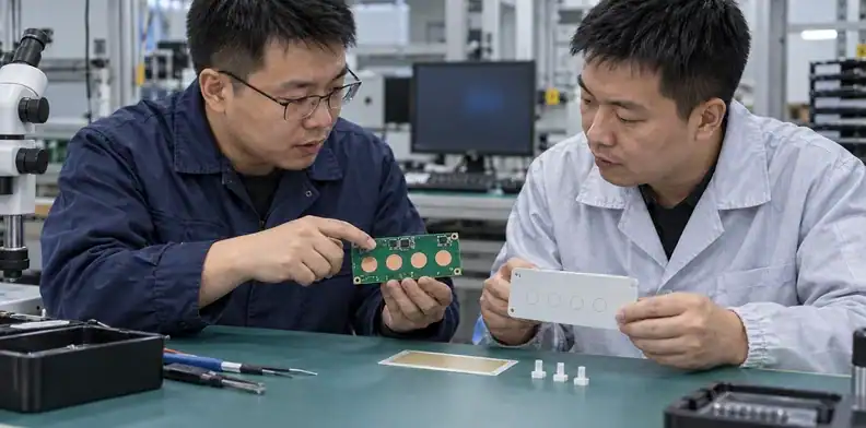 Two engineers review a control board, plain cover and support components on a technical desk.