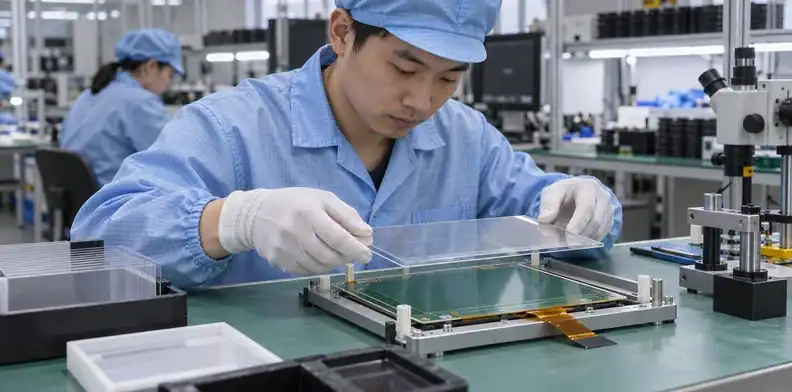 An adult technician aligns a plain cover with a compact touch board and support frame.