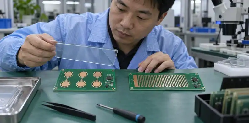 Copper button and slider electrode patterns are visible on two small board samples.