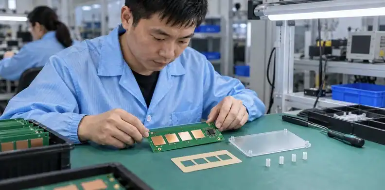 A touch-control board rests beside a plain cover panel, adhesive sheet and mounting supports.