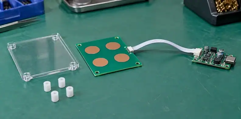 A touch-pad board is connected by a cable beside its separate clear cover and mounting spacers.