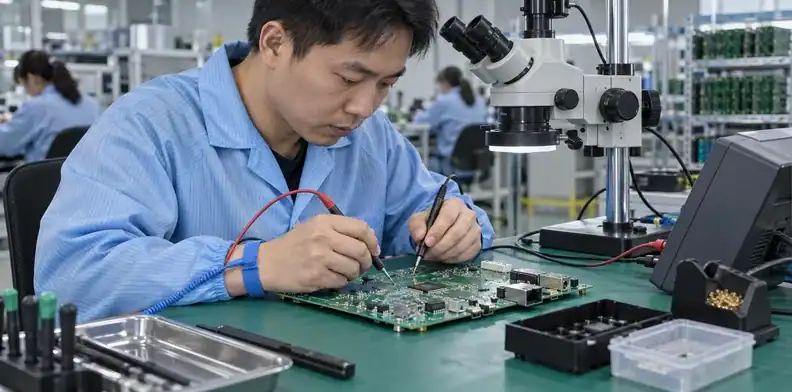 Fine probes contact an unpowered board during a connection check.