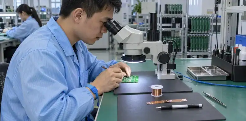 A technician reviews an unpowered board beside wire, copper foil and an ink pen.
