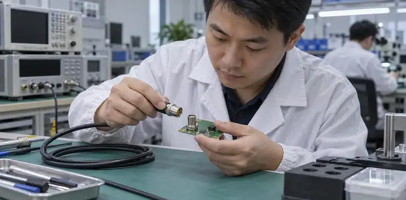 A precision board input connector and separate concentric shielded cable end are displayed on a bench.